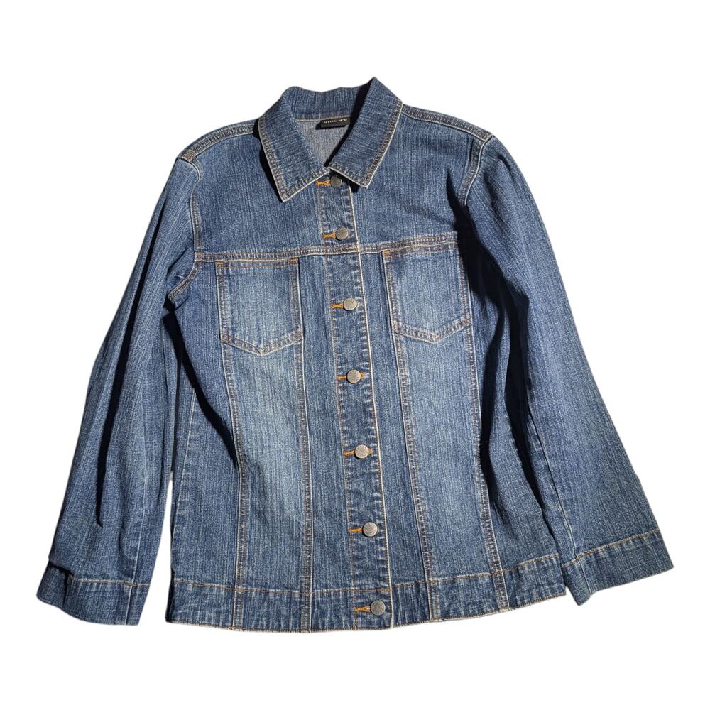 Vtg 1990s Chico's Blue Medium Wash Stretch Denim Button Up Collared Jacket 00 XS